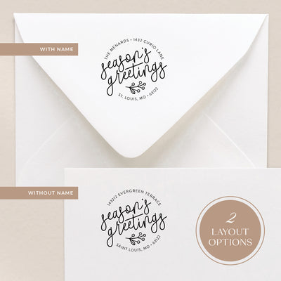 Personalized 'Season's Greetings' stamp design offered in two options; with and without a name