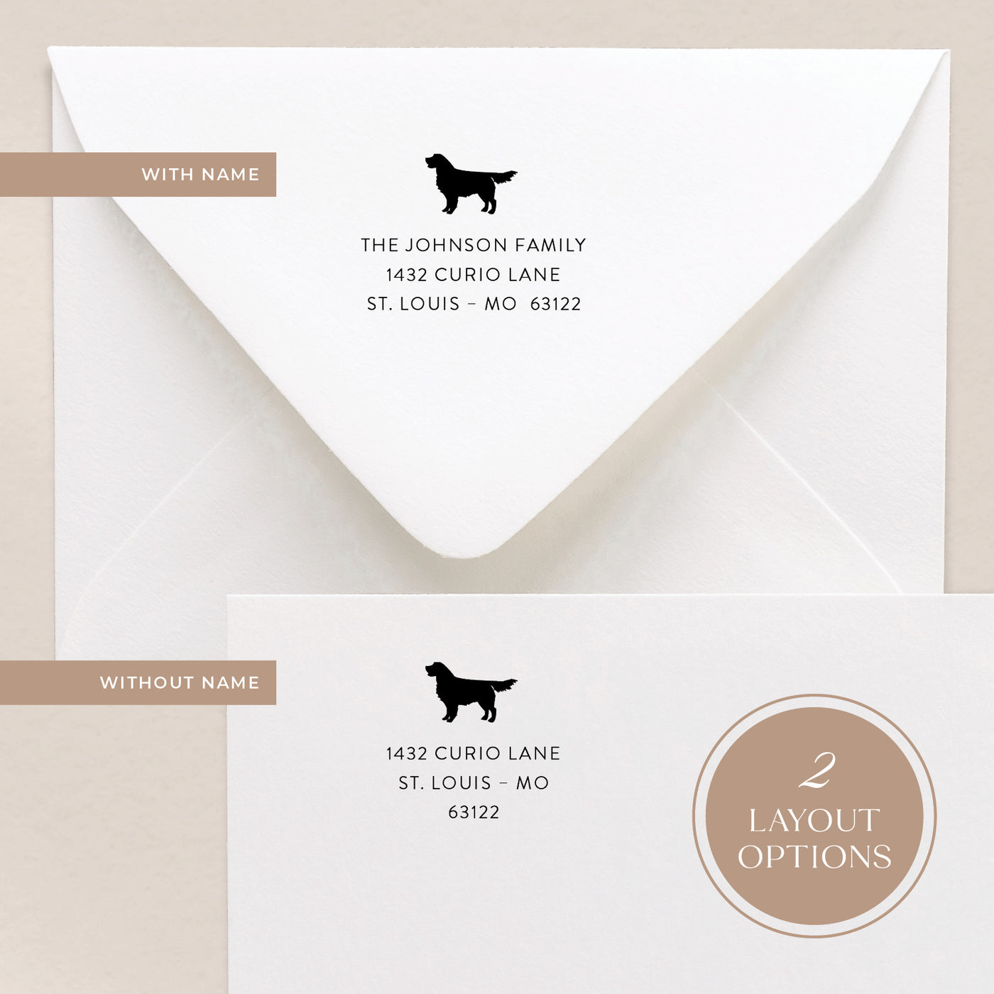 Our custom address stamps come in 2 layout options where you can include a name or have your address only