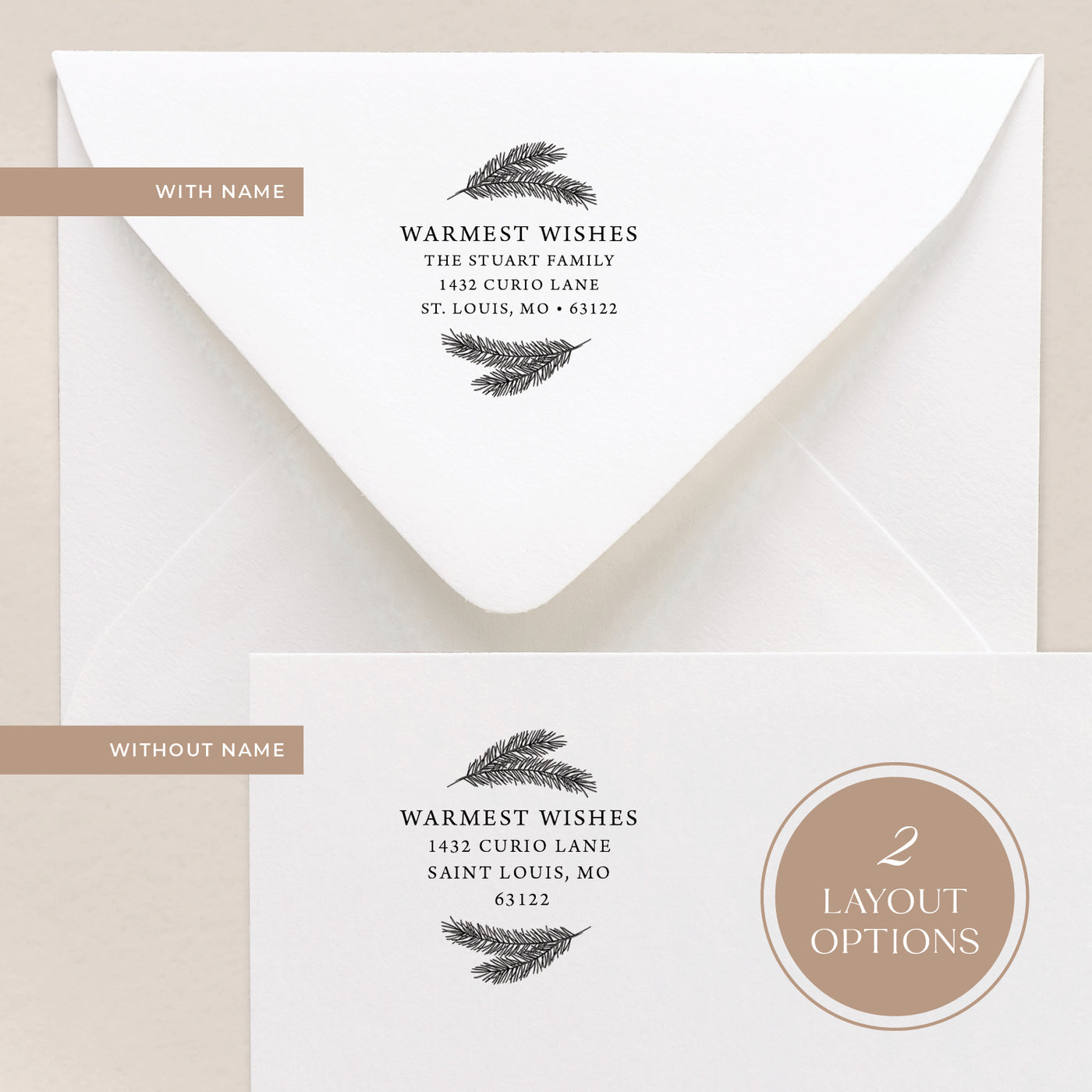 Envelopes with address labels featuring pine branch designs on a beige background.