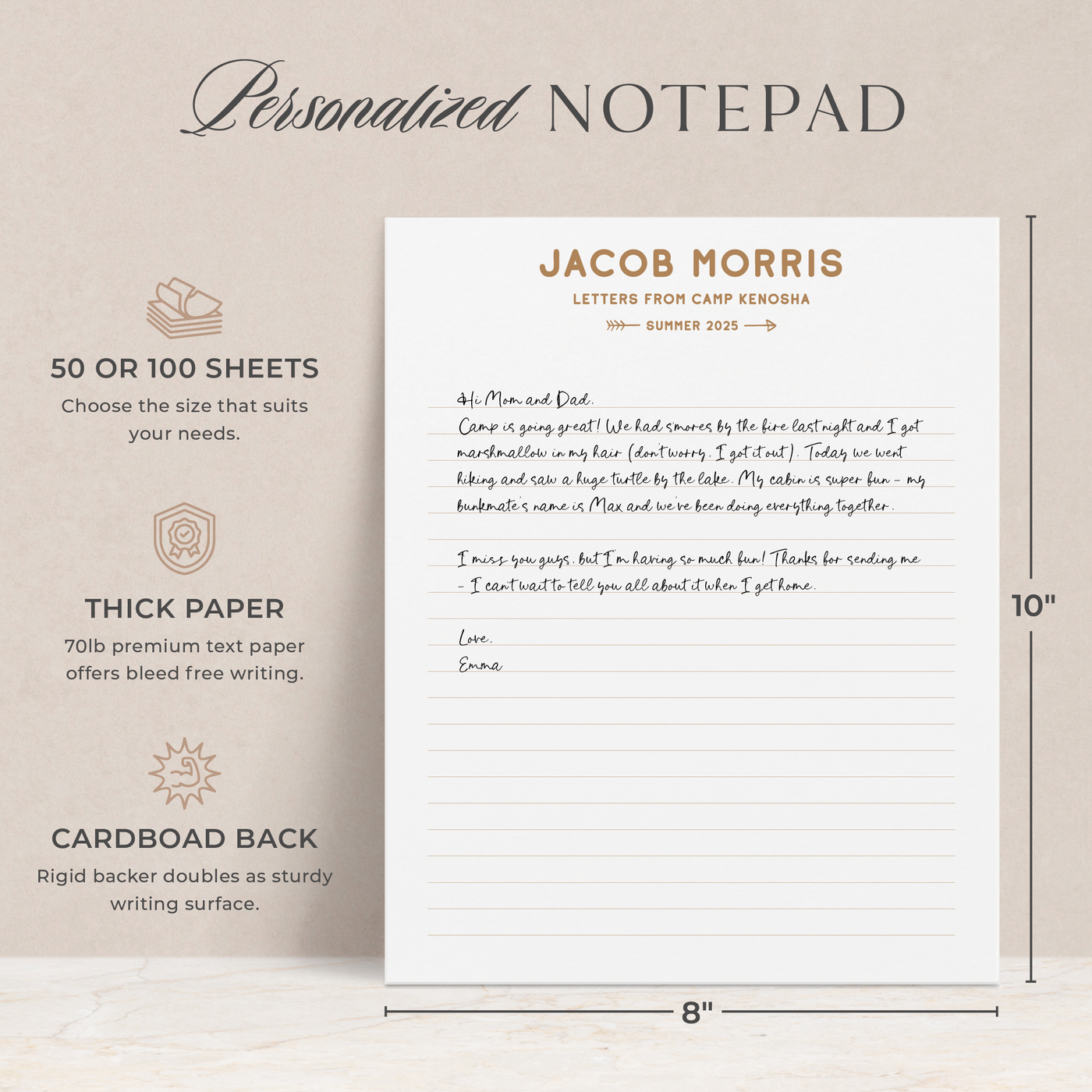 At Curio Press, our personalized notepads are made with 70lb premium paper with a durable, clean tear-off and are available in 50 or 100 sheet counts