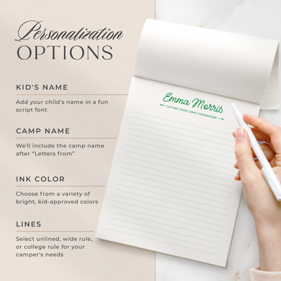 Select your personalization for your notepad which can be any custom text or your name, and whether or not you would like the pages lined