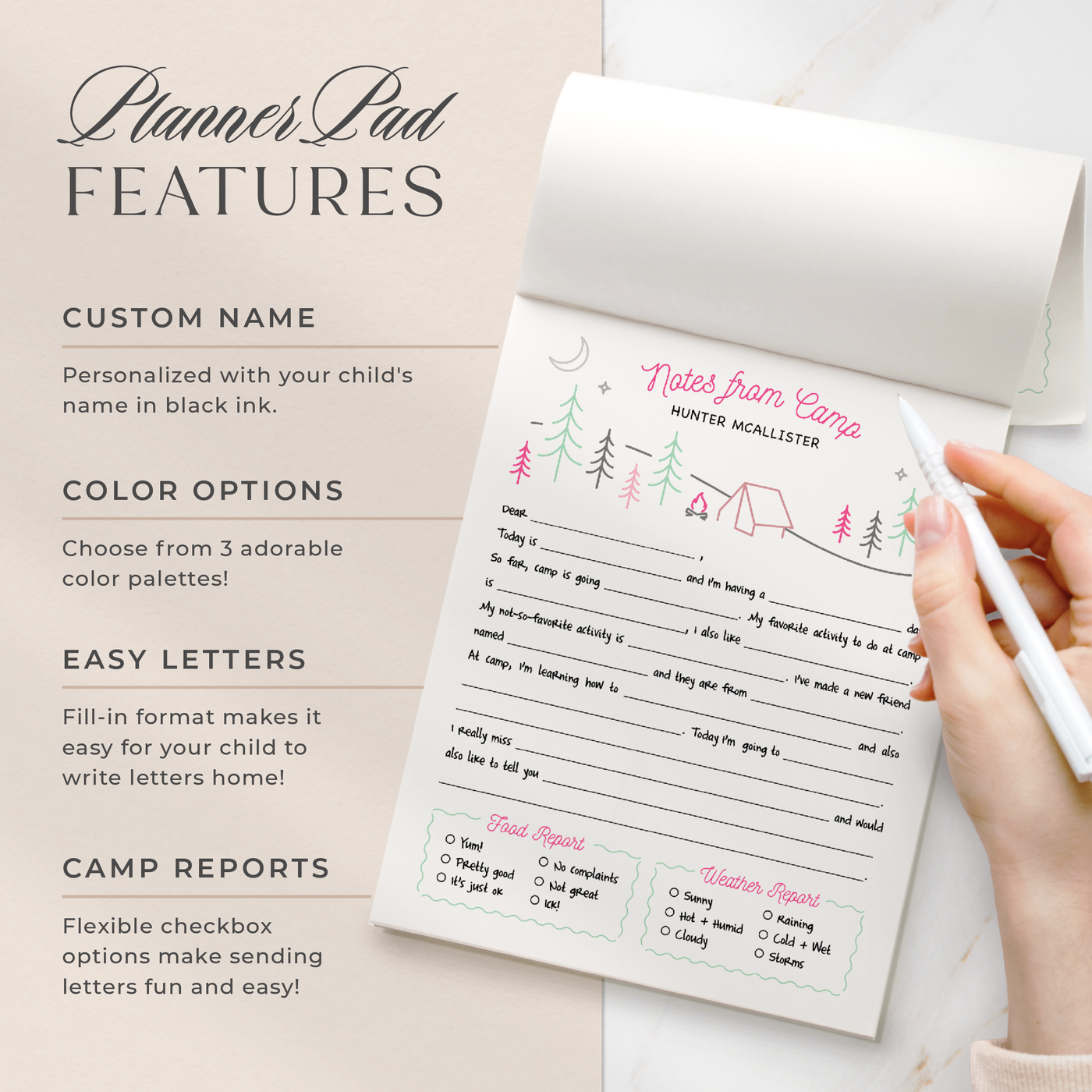 Select your personalization for your notepad which can be any custom text or your child's name, and one of our 3 delightful color options