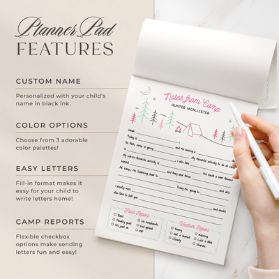 Select your personalization for your notepad which can be any custom text or your child's name, and one of our 3 delightful color options