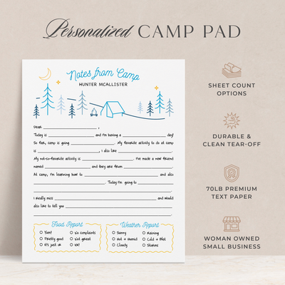 The summer camp notepad is a generous 8x10 size, made from durable 70lb paper and comes with 50 or 100 sheets