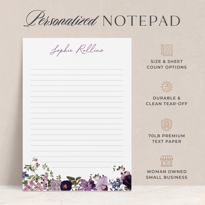 At Curio Press, our personalized notepads are made with 70lb premium paper with a durable, clean tear-off and are available in multiple sizes and sheet counts