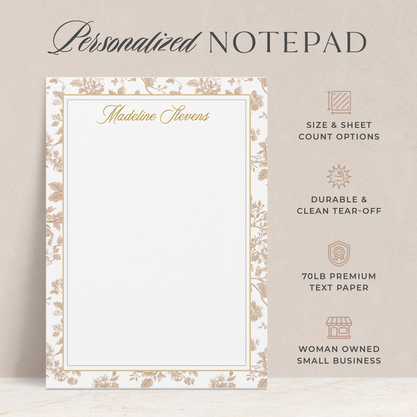At Curio Press, our personalized notepads are made with 70lb premium paper with a durable, clean tear-off and are available in multiple sizes and sheet counts
