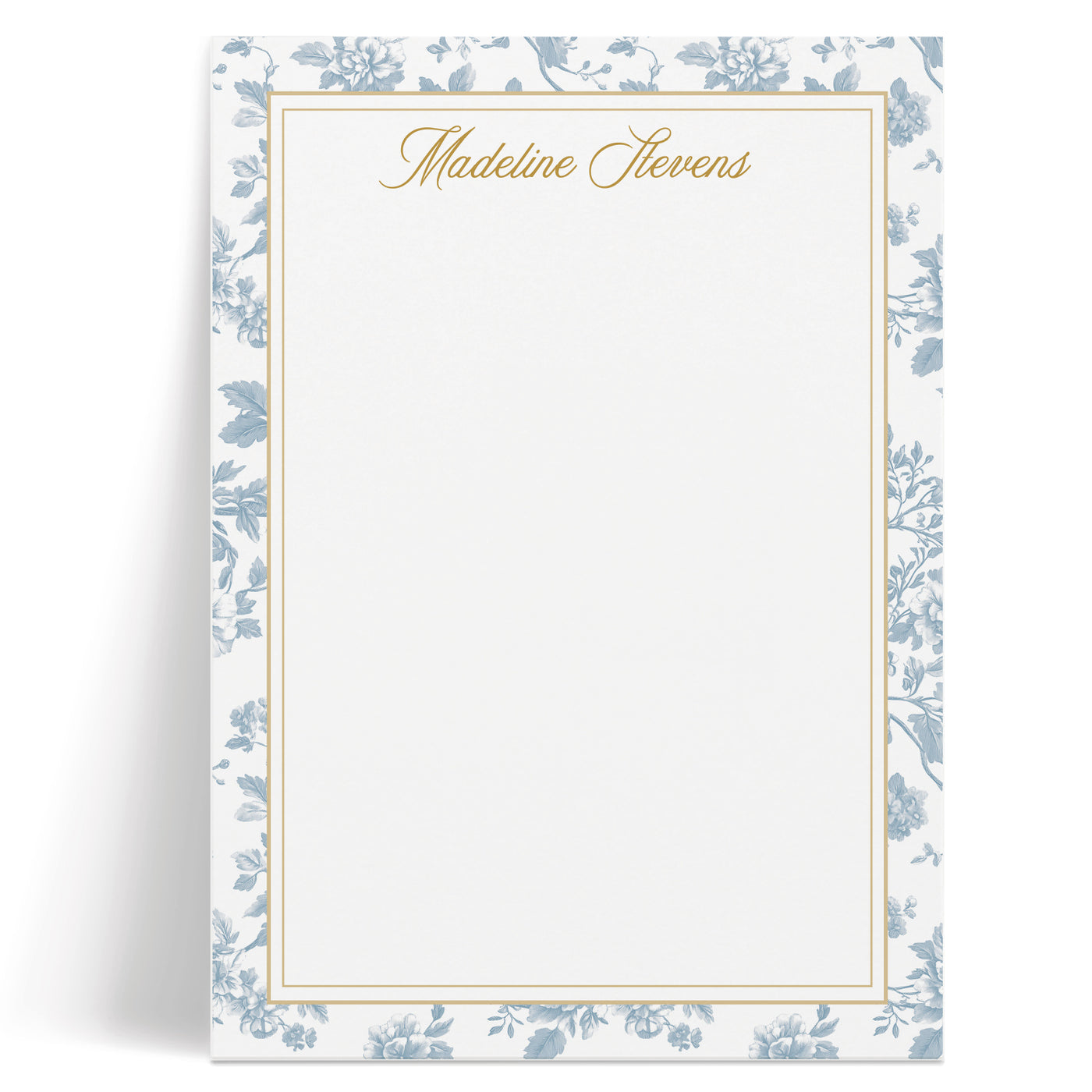 Beautiful custom notepad features an elegant floral toile border and your personalization in gold ink