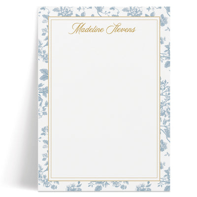 Beautiful custom notepad features an elegant floral toile border and your personalization in gold ink