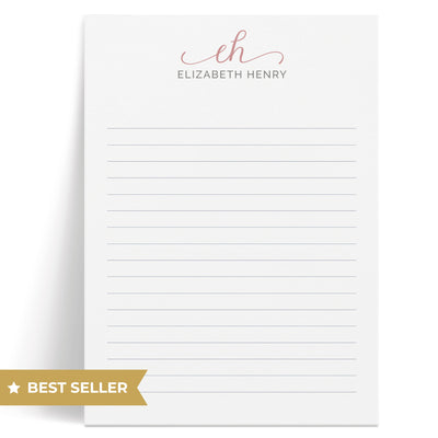 Personalized notepad features a 2-letter monogram in a beautiful script font