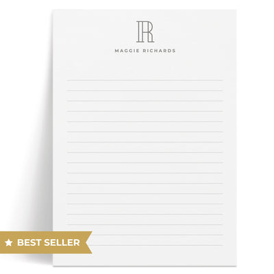This monogram notepad features a classic, minimalist font paired with your name and color selection