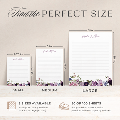 Our custom notepads are available in 3 sizes; small, medium and large and also with 50 or 100 sheets of paper 