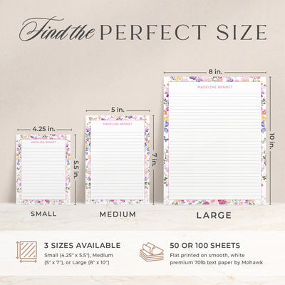 Our custom notepads are available in 3 sizes; small, medium and large and also with 50 or 100 sheets of paper 