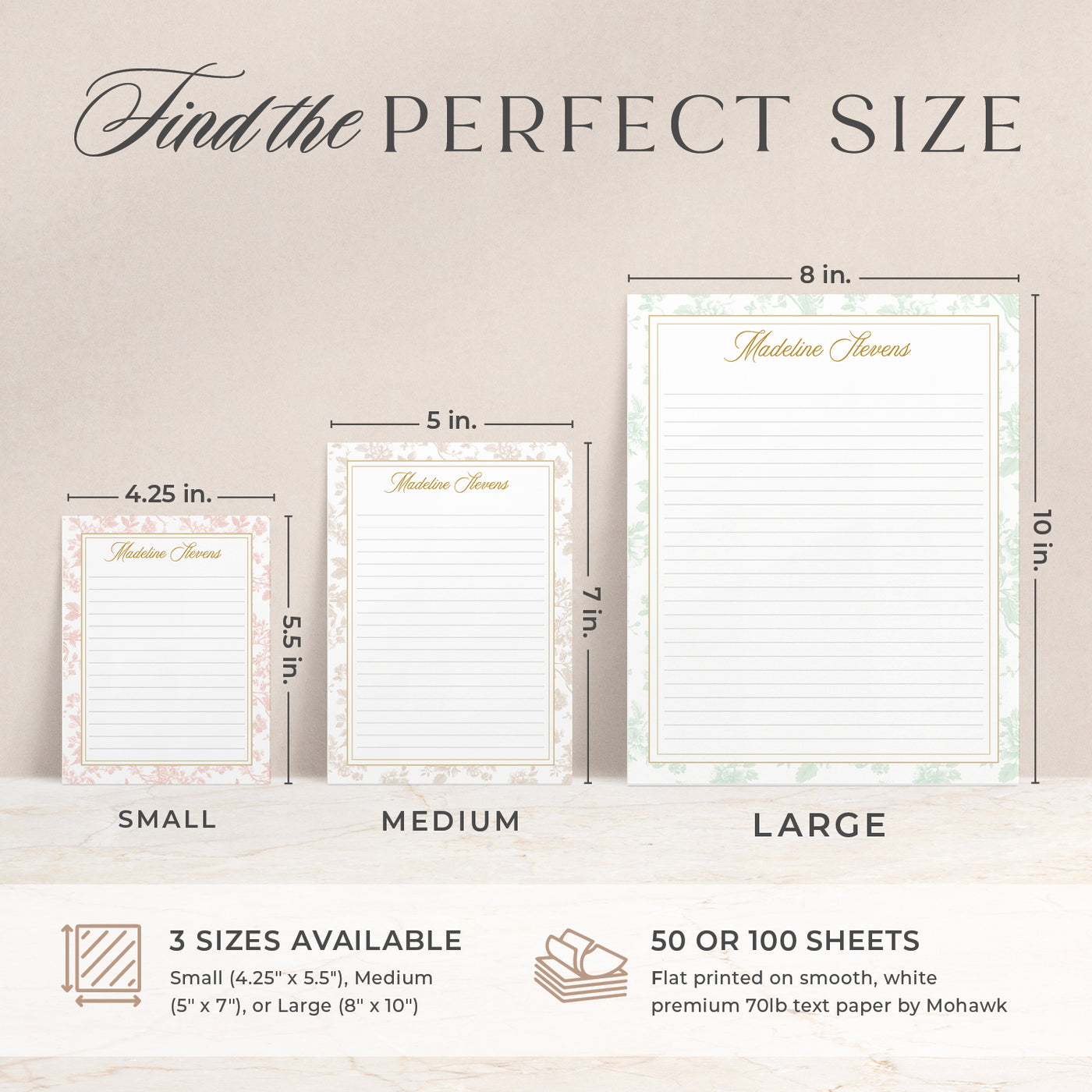 Our custom notepads are available in 3 sizes; small, medium and large and also with 50 or 100 sheets of paper 