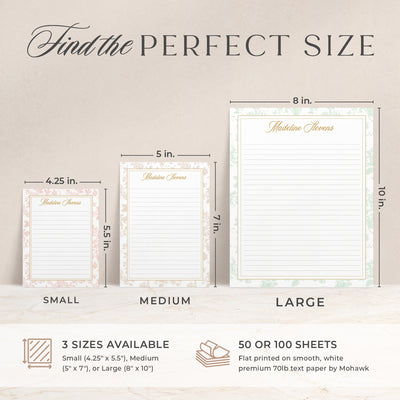 Our custom notepads are available in 3 sizes; small, medium and large and also with 50 or 100 sheets of paper 