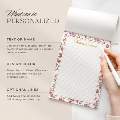 Select your personalization for your notepad which can be any custom text or your name, along with color for the design