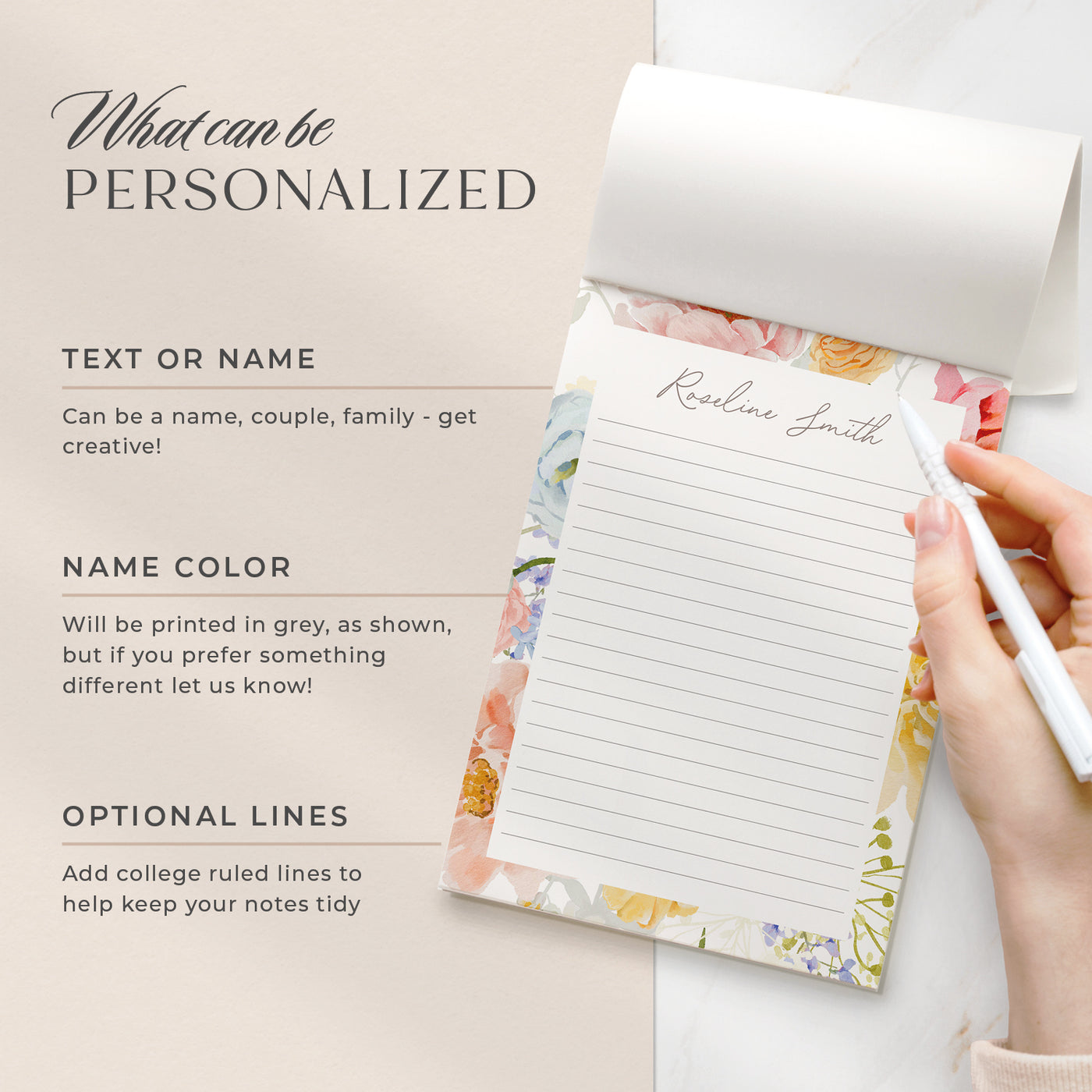 Select your personalization for your notepad which can be any custom text or your name, and whether or not you would like the pages lined
