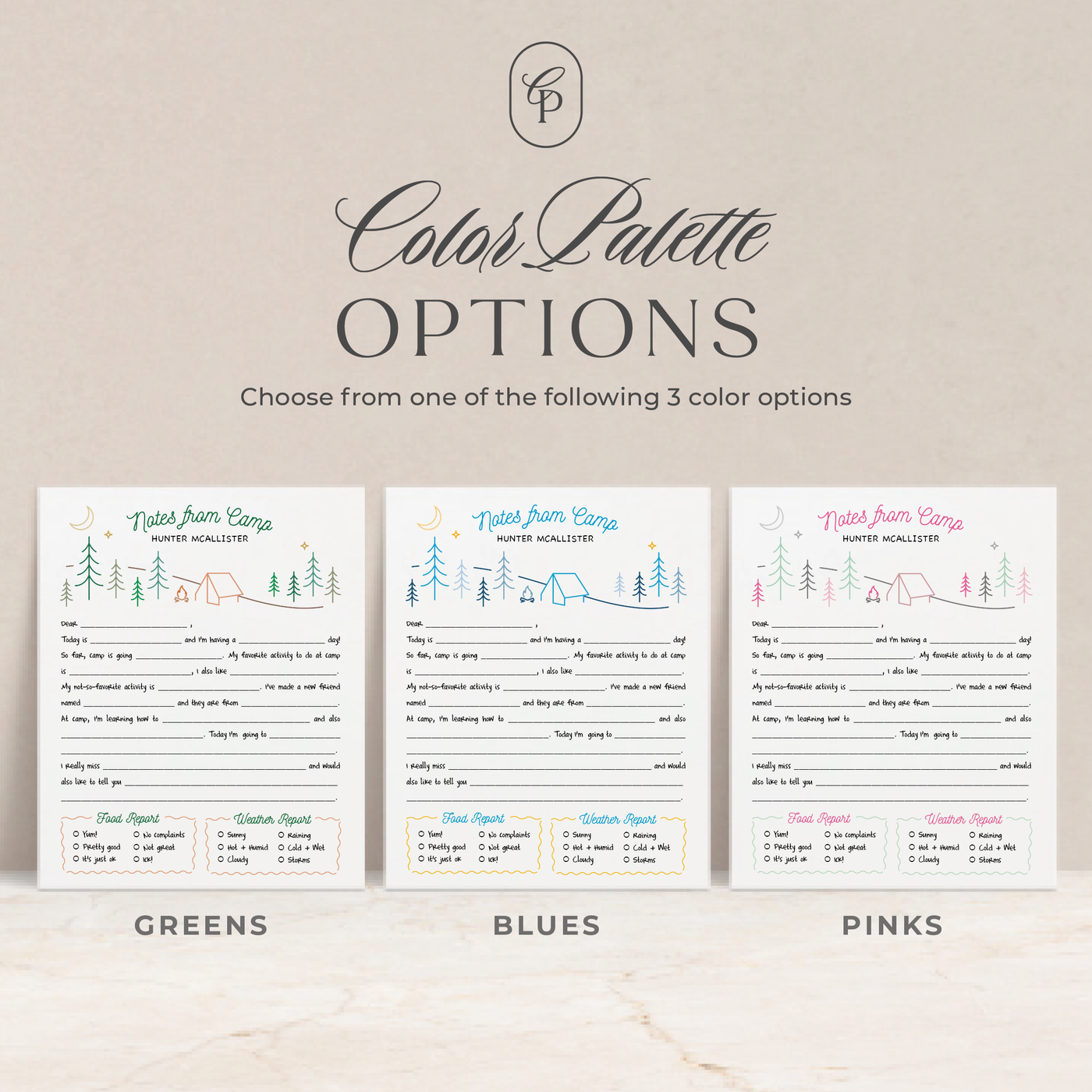 The camp fill-in notepad is available in 3 fun color palettes; greens, blues or pinks