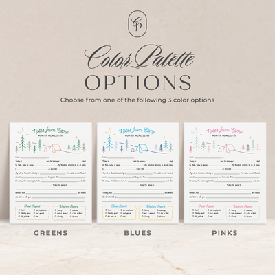The camp fill-in notepad is available in 3 fun color palettes; greens, blues or pinks