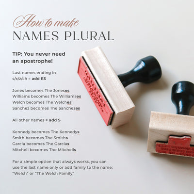 Two rubber stamps with text on how to make names plural on a neutral background