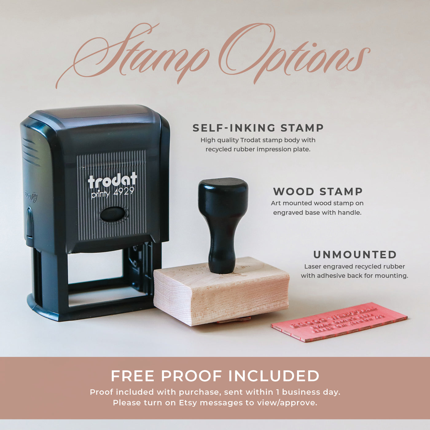 Three custom stamp types shown: self-inking stamp, wood handle stamp, and unmounted rubber stamp, with text noting free proof included