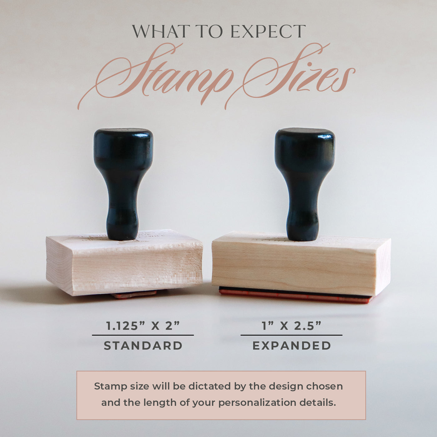 Two stamp sizes on wooden blocks with text explaining standard and expanded dimensions.