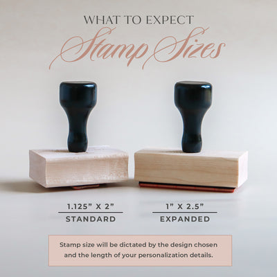 Two stamp sizes on wooden blocks with text explaining standard and expanded dimensions.