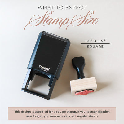 Square return address stamps shown in two options; self-inking and wood handled on a neutral background