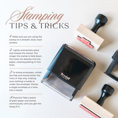Stamping tips and tricks for your custom stamp along with a display of self-inking and wood-handled rubber stamps