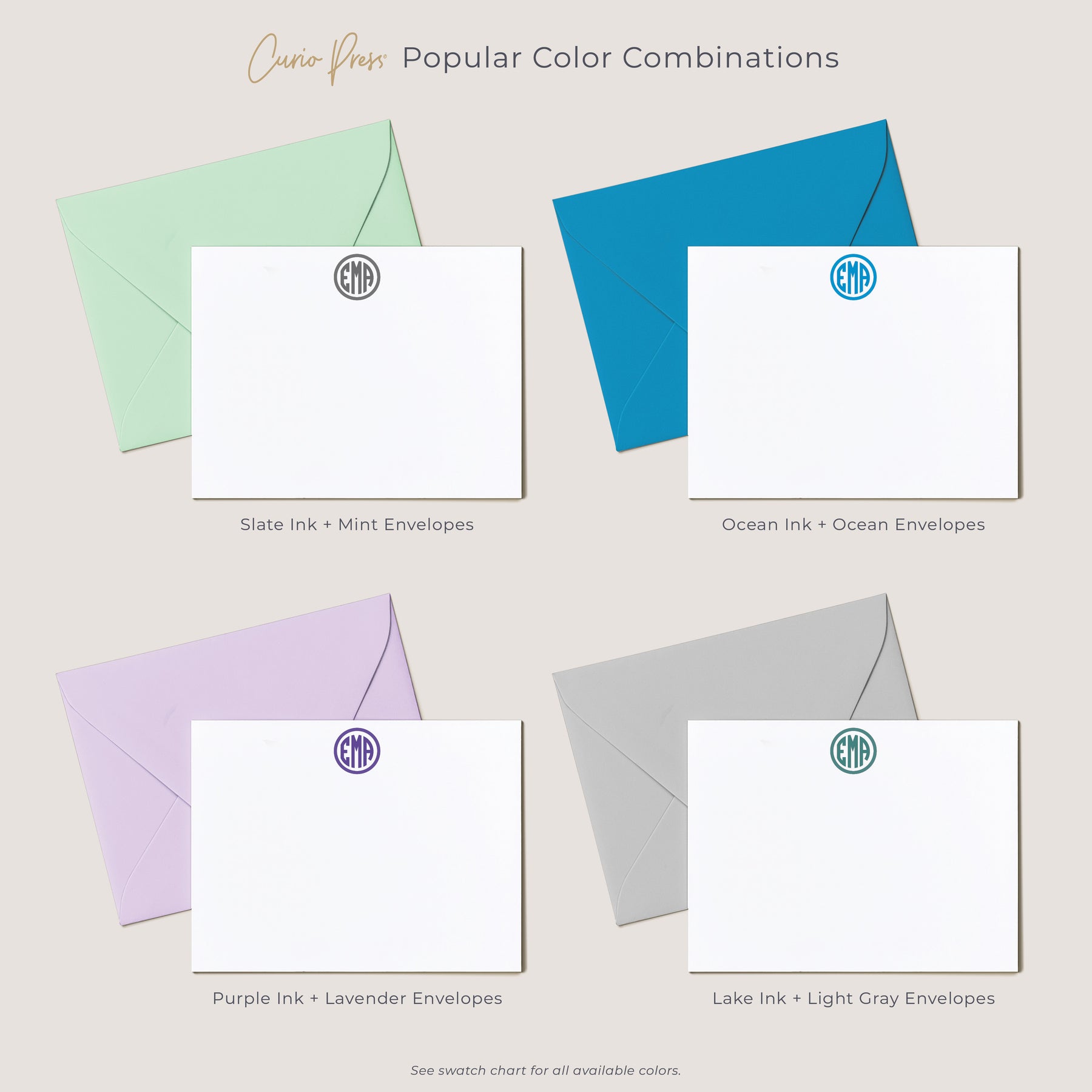 Curio Press Personalized Stationery Flat Note Cards and Envelopes